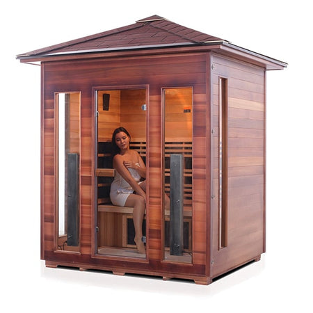 Enlighten Rustic 4 Person Peak Infrared Sauna Facing Left With Model