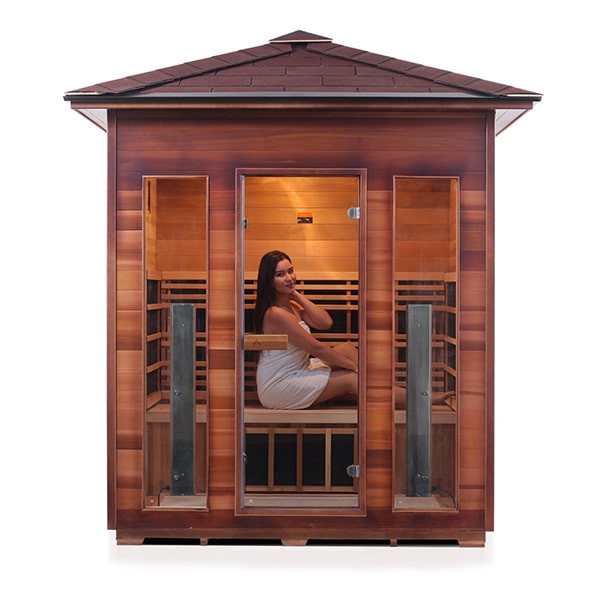 Enlighten Rustic 4 Person Peak Infrared Sauna Front View With Model