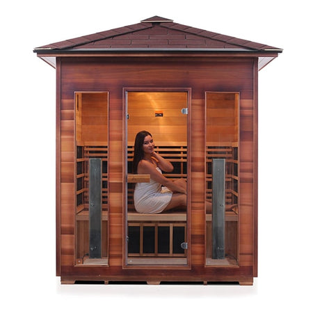 Enlighten Rustic 4 Person Peak Infrared Sauna Front View With Model