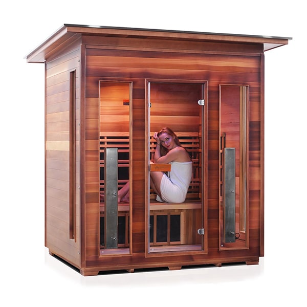 Enlighten Rustic 4 Person Slope Infrared Sauna Facing Right With Model