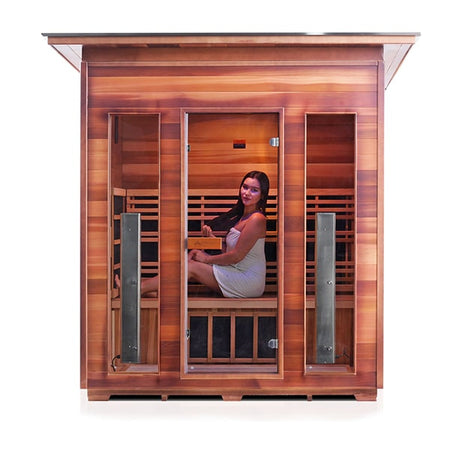 Enlighten Rustic 4 Person Slope Infrared Sauna Front View With Model