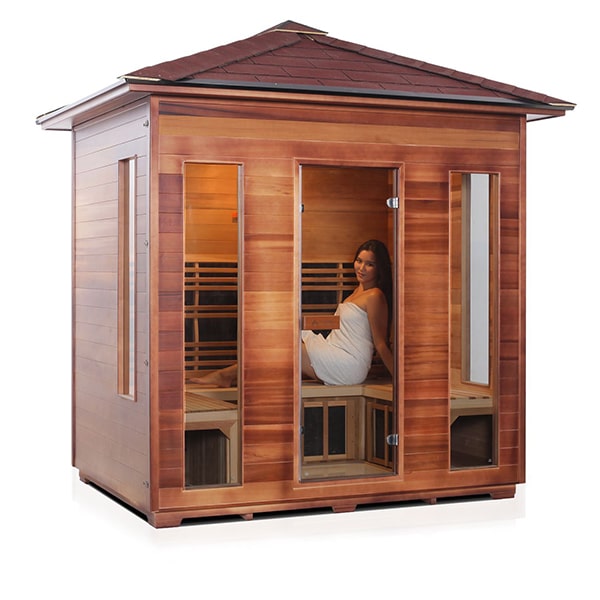 Enlighten Rustic 5 Person Peak Infrared Sauna Facing Right With Model
