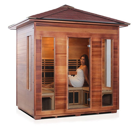 Enlighten Rustic 5 Person Peak Infrared Sauna Facing Right With Model