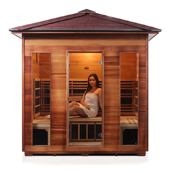 Enlighten Rustic 5 Person Peak Infrared Sauna Front View With Model