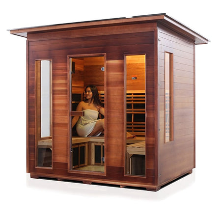 Enlighten Rustic 5 Person Slope Infrared Sauna Facing Left With Model