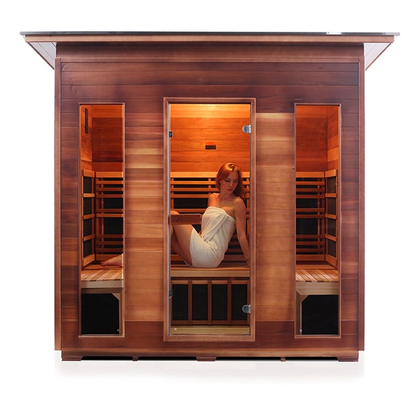 Enlighten Rustic 5 Person Slope Infrared Sauna Front View With Model