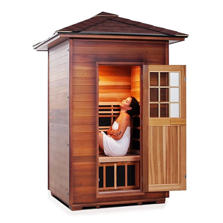 Enlighten Sapphire 2 Person Peak Infrared Traditional Sauna Facing Right With Model