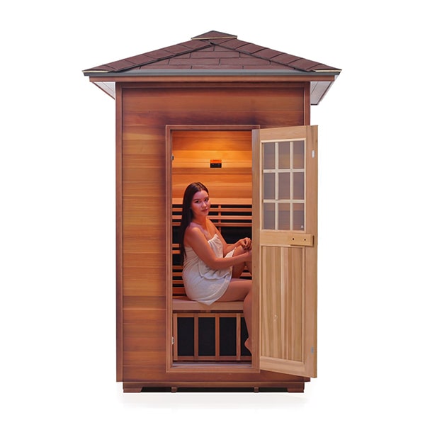 Enlighten Sapphire 2 Person Peak Infrared Traditional Sauna Front View With Model