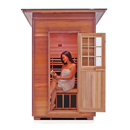 Enlighten Sapphire 2 Person Slope Infrared Traditional Sauna Front View With Model