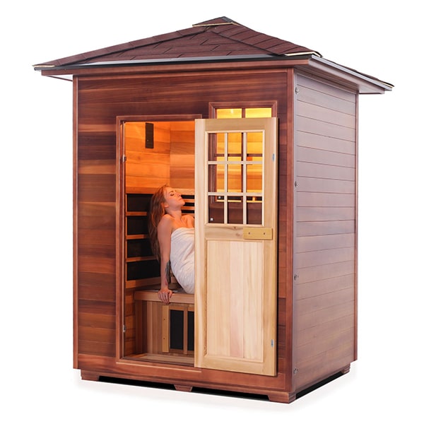 Enlighten Sapphire 3 Person Peak Infrared Traditional Sauna Facing Left With Model
