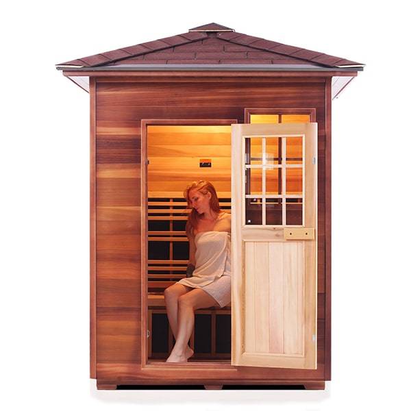 Enlighten Sapphire 3 Person Peak Infrared Traditional Sauna Front View With Model