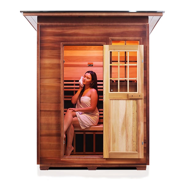 Enlighten Sapphire 3 Person Slope Infrared Traditional Sauna Front View With Model