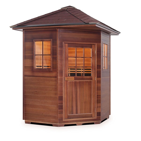 Enlighten Sapphire 4 Person Corner Peak Infrared Traditional Sauna Facing Left