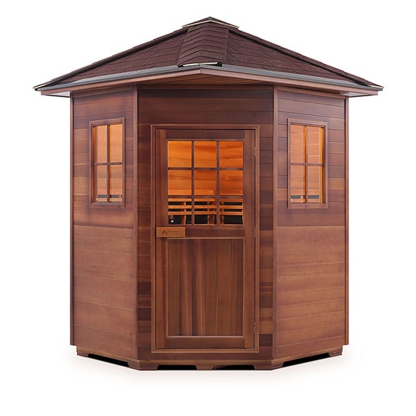 Enlighten Sapphire 4 Person Corner Peak Infrared Traditional Sauna Front View