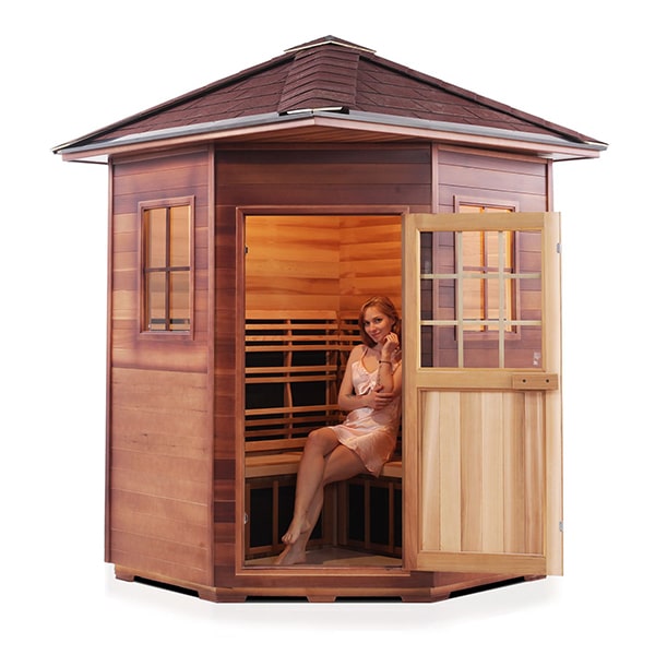 Enlighten Sapphire 4 Person Corner Peak Infrared Traditional Sauna Front View With Model