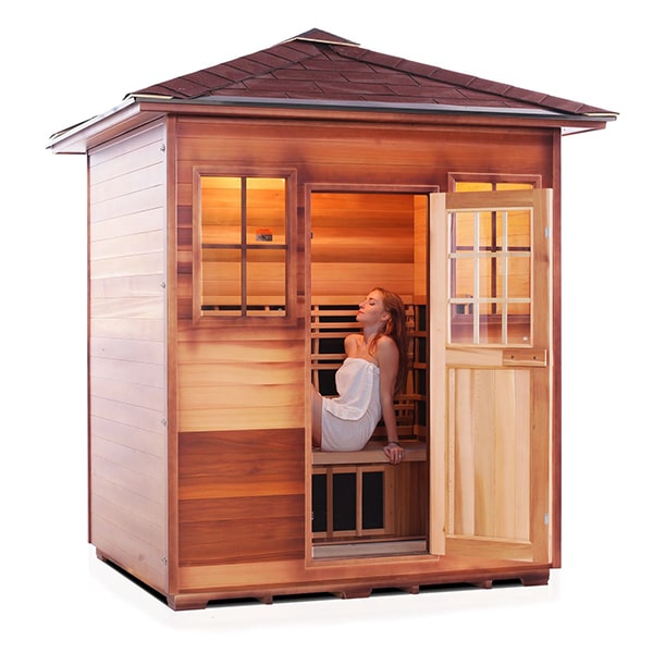 Enlighten Sapphire 4 Person Peak Infrared Traditional Sauna Facing Right With Model