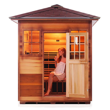 Enlighten Sapphire 4 Person Peak Infrared Traditional Sauna Front View With Model