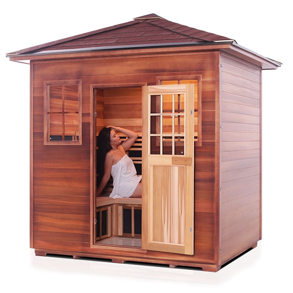 Enlighten Sapphire 5 Person Peak Infrared Traditional Sauna Facing Left With Model