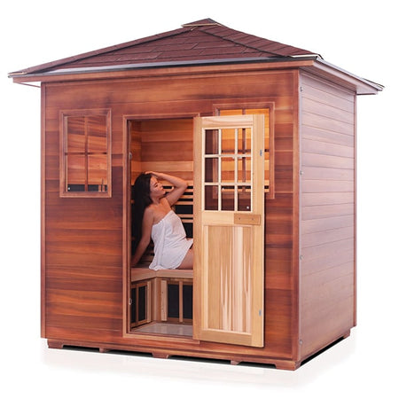 Enlighten Sapphire 5 Person Peak Infrared Traditional Sauna Facing Left With Model