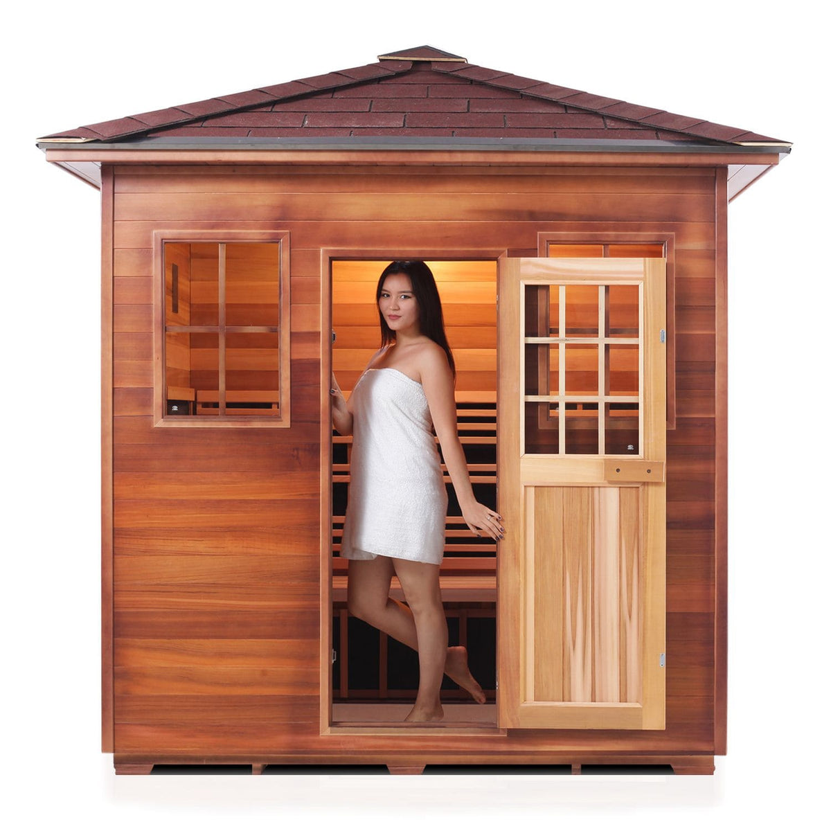 Enlighten Sapphire 5 Person Peak Infrared Traditional Sauna Front View With Model