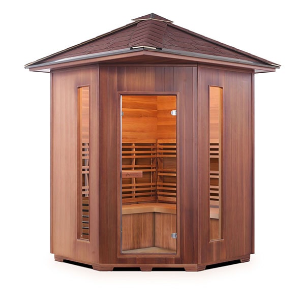 Enlighten SunRise 4 Person Corner Peak Dry Traditional Sauna Front View