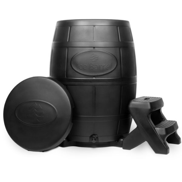 Ice Barrel Black on stand with lid and step stool